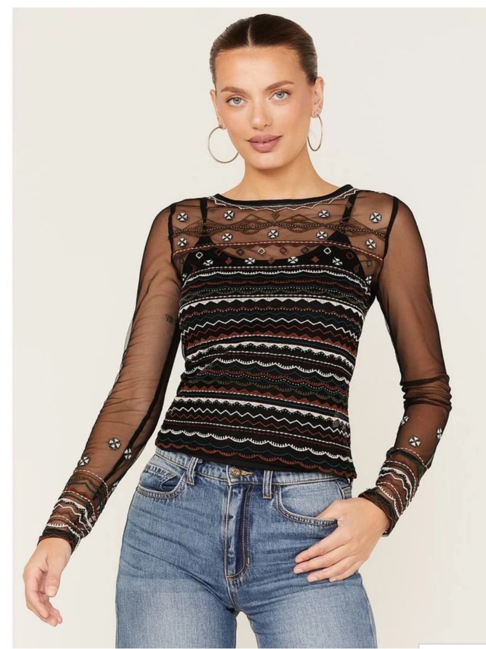 Sheer Black Embroidered beaded Long-Sleeve Top